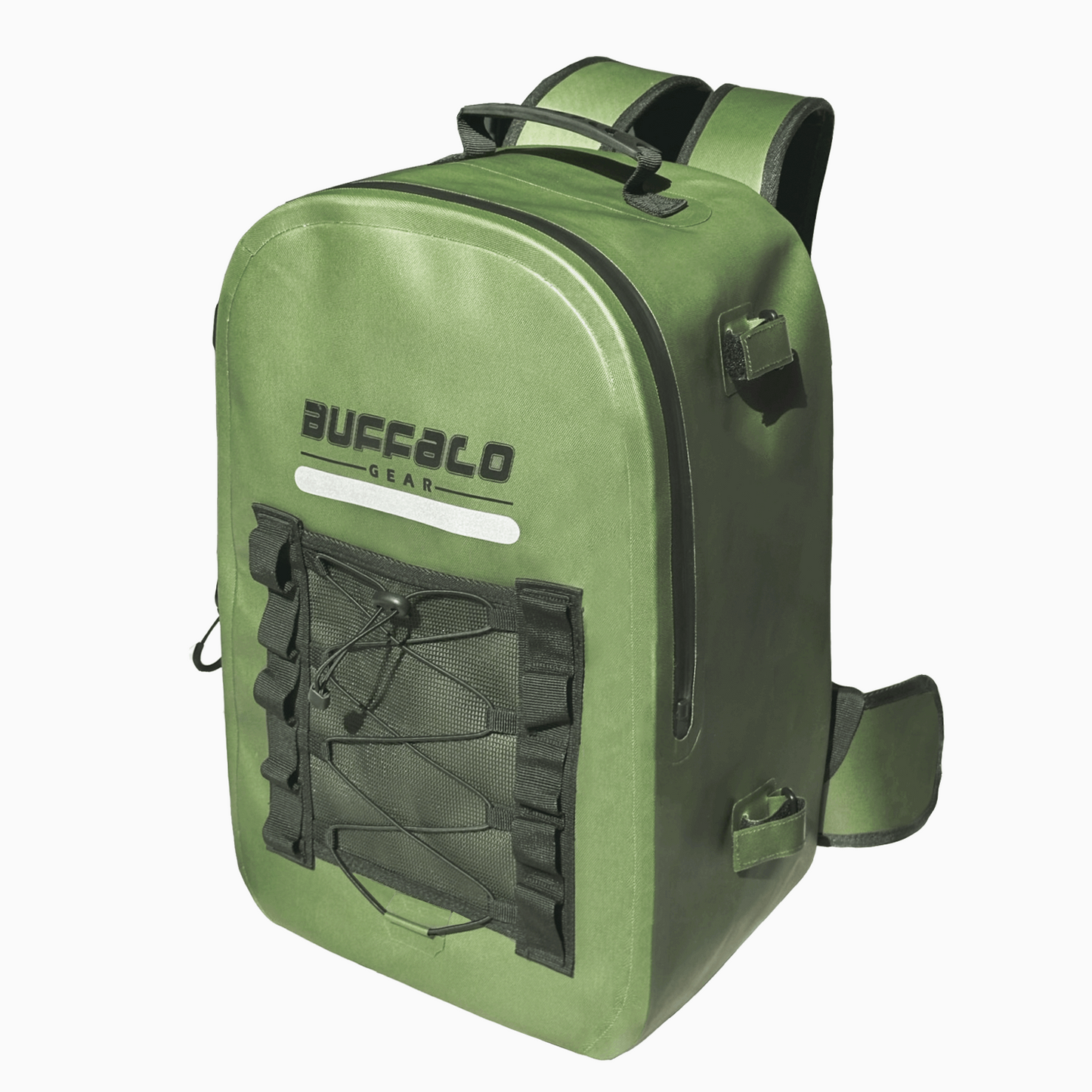 Buffalo Gear 26L green waterproof fish backpack, side view on white background