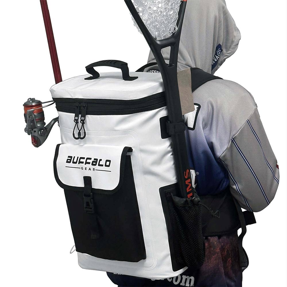 Buffalo Gear Fish Cooler Bag with fishing rod and tackle, attached to a backpack on a person.