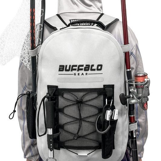 Buffalo Gear 26L waterproof fish backpack in gray color, front view