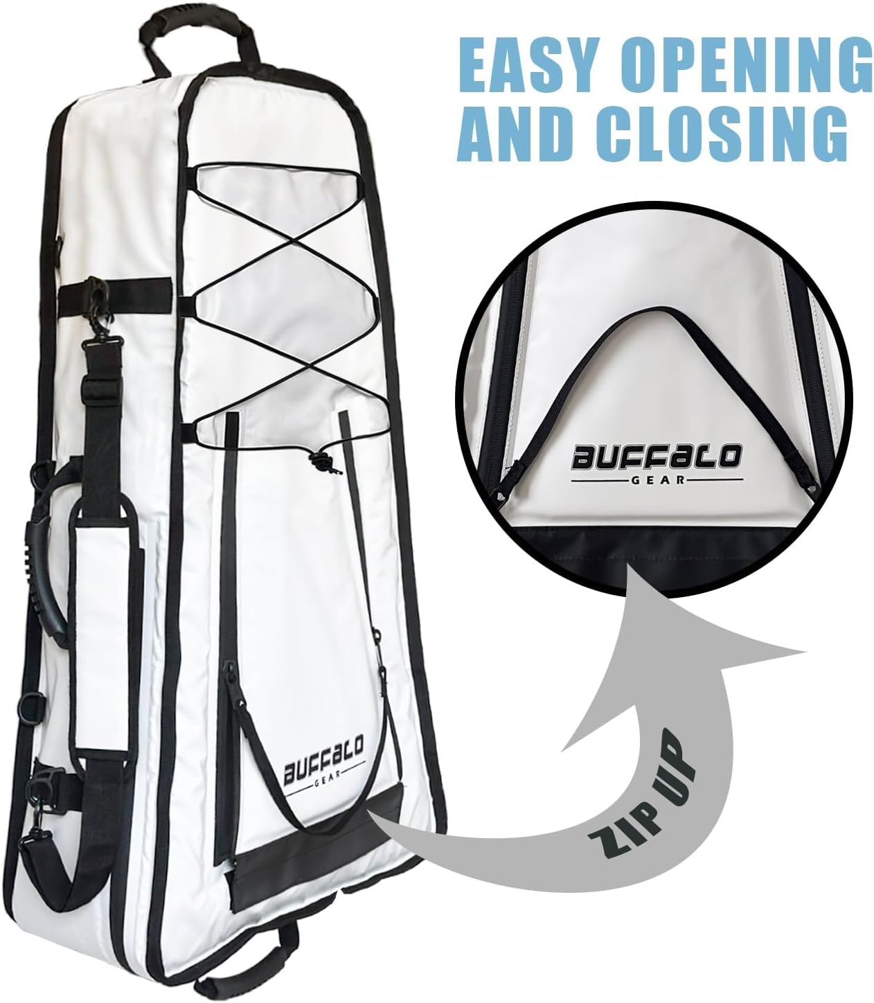 Buffalo Gear 36'' Kayak Fish Cooler Bag features an easy-open zipper pull tab that allows the bag to be opened quickly, making getting on the water fishing quick and easy