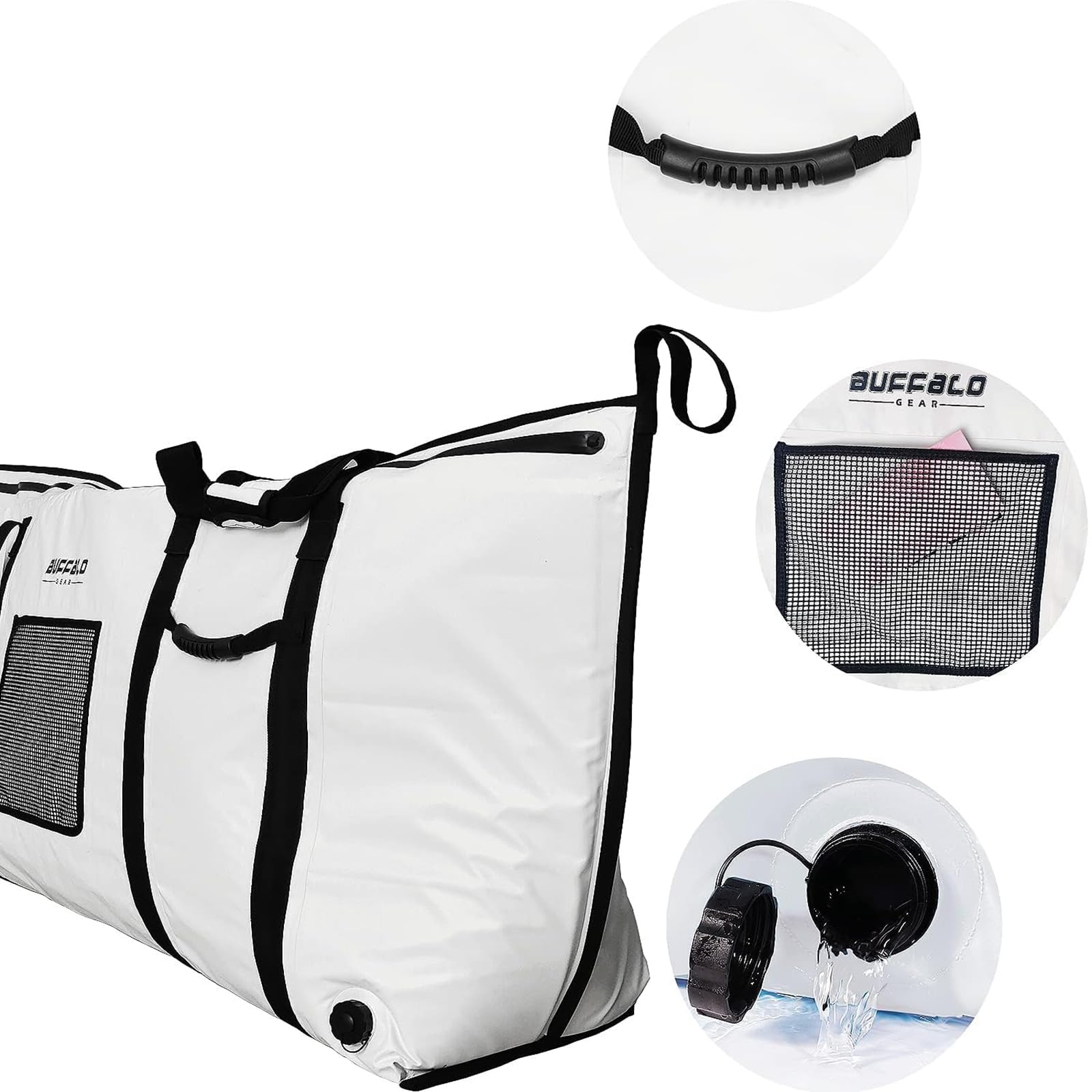 Detailed view of Buffalo Gear fish kill bag showing heavy duty handles for multiple person carry, external storage pocket, and built-in drain plug for easy cleaning
