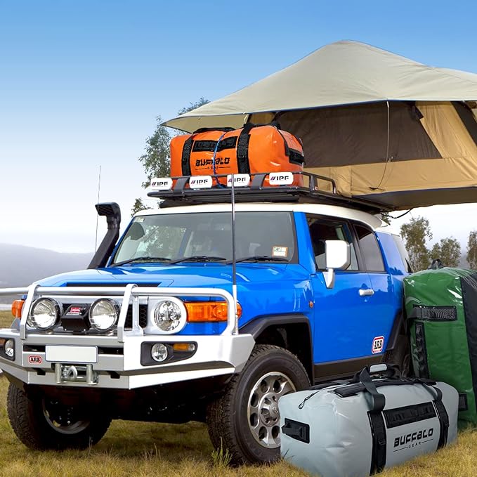 150L Waterproof Duffel Dry Bag Mounted on Rooftop for Camping and Outdoor Adventure - Buffalo Gear