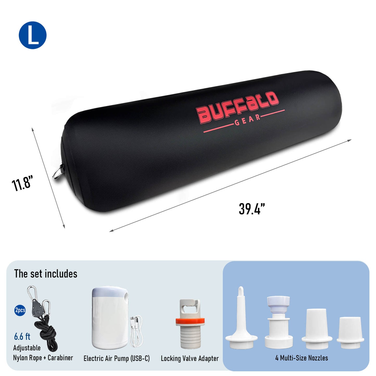 Set of four 11.8inch boat fenders with Buffalo Gear, including accessories on a white background.