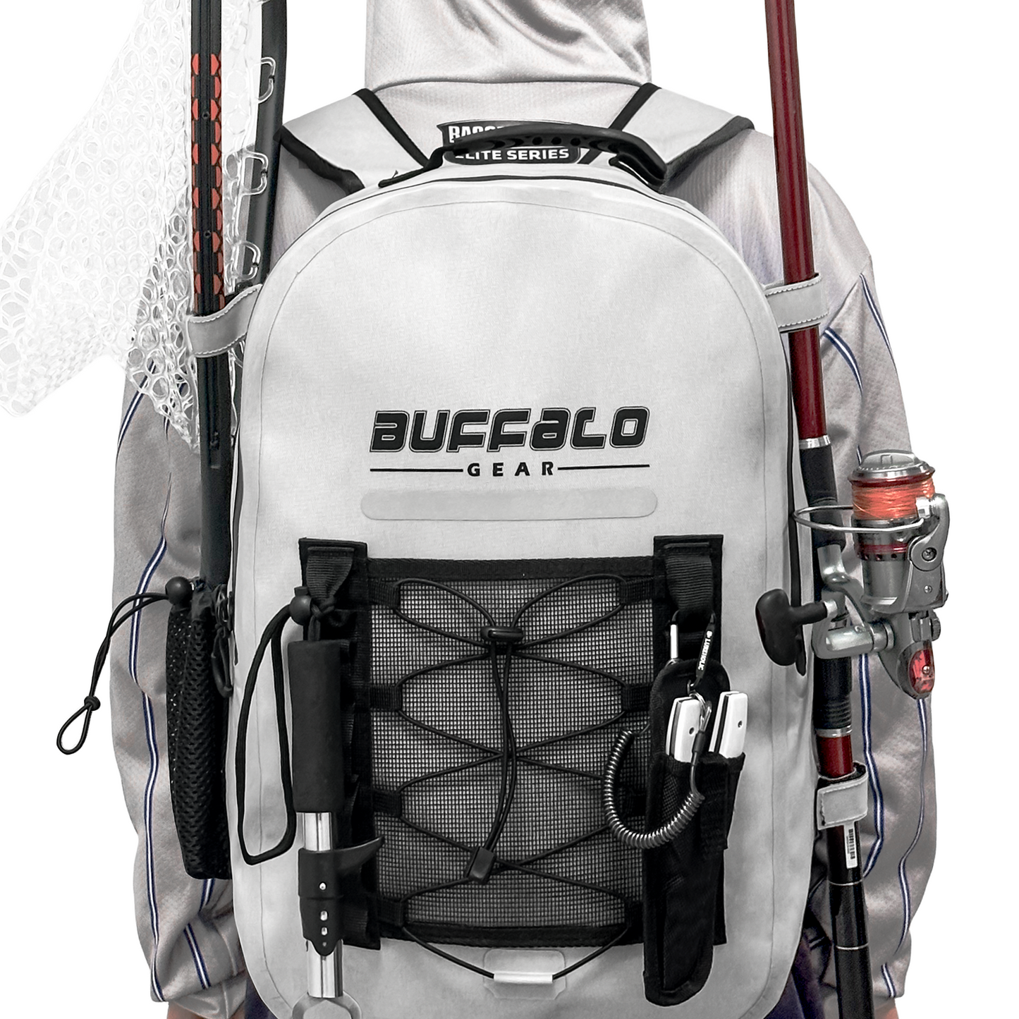 Buffalo Gear 26L waterproof fish backpack in gray color, front view