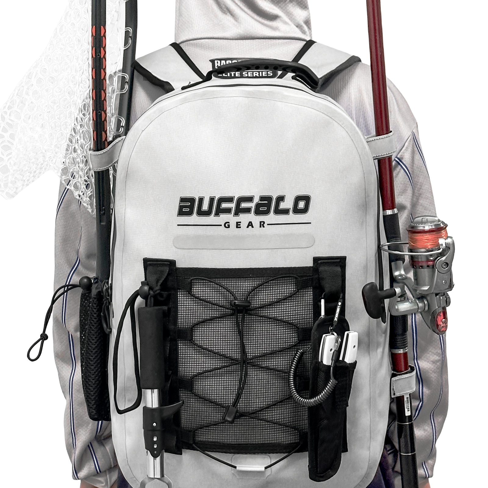 Buffalo Gear 26L waterproof fish backpack in gray color, front view