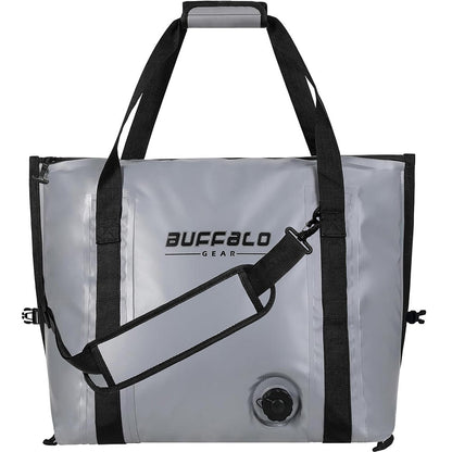 Gray fish cooler bag with black handles and shoulder strap on a white background, featuring 'Buffalo Gear' branding.