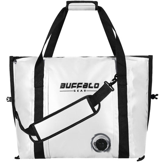 White fish cooler bag with black straps and 'Buffalo Gear' branding on a white background