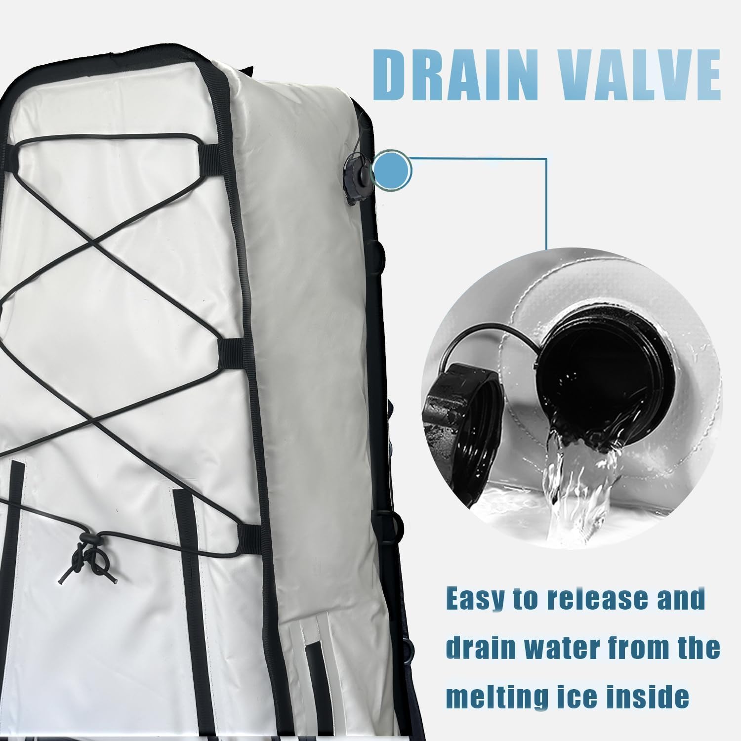 Buffalo Gear 36'' Kayak Fish Cooler Bag featuring a big mouth drain plug for quick and efficient water drainage, making cleaning fast and easy after fishing trips