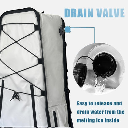 Buffalo Gear 36'' Kayak Fish Cooler Bag featuring a big mouth drain plug for quick and efficient water drainage, making cleaning fast and easy after fishing trips
