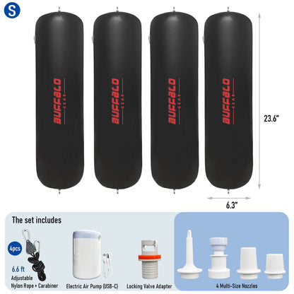4-Pack Inflatable Boat Fenders, 6.3" x 24" with Electric Pump - Buffalo Gear  