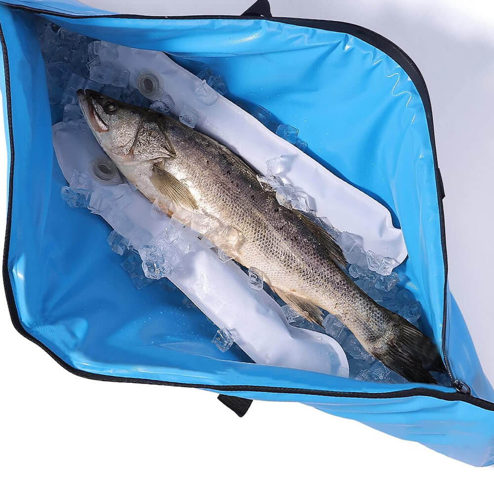 An open blue fish cooler bag containing fish and ice packs, against a white background. Buffalo Gear