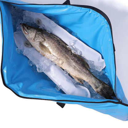 An open blue fish cooler bag containing fish and ice packs, against a white background. Buffalo Gear