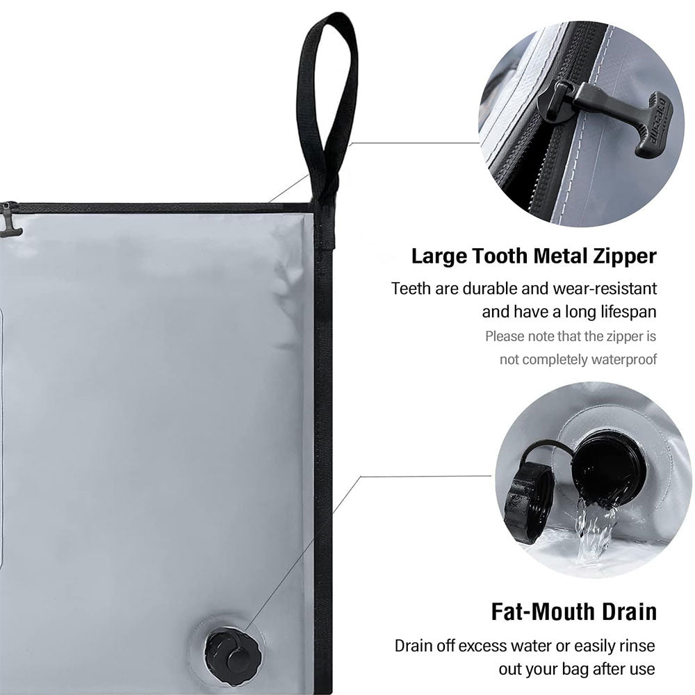 Grey Buffalo Gear Fish Cooler Bag with black metal zipper and drain feature on a white background