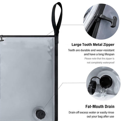Grey Buffalo Gear Fish Cooler Bag with black metal zipper and drain feature on a white background