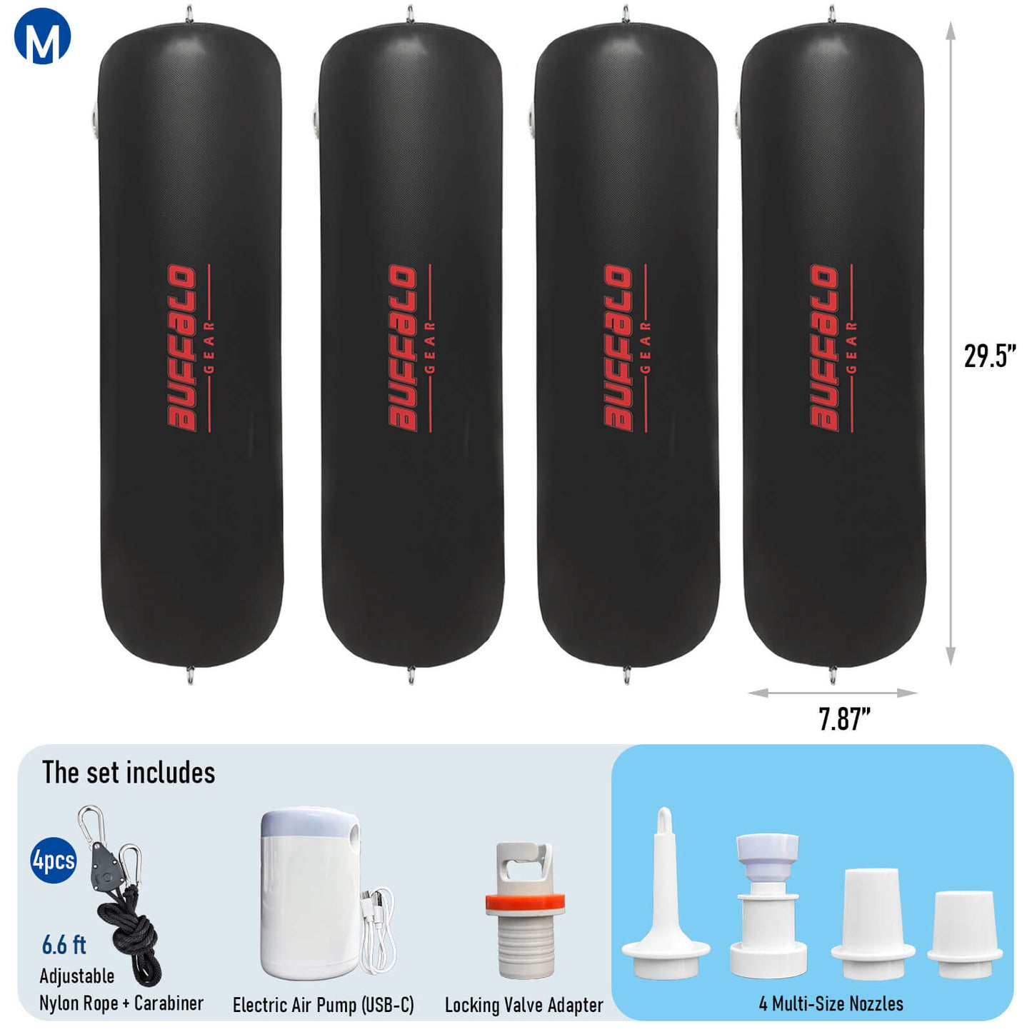 4-Pack Inflatable Boat Fenders, 7.9" x 29.5" with Electric Pump