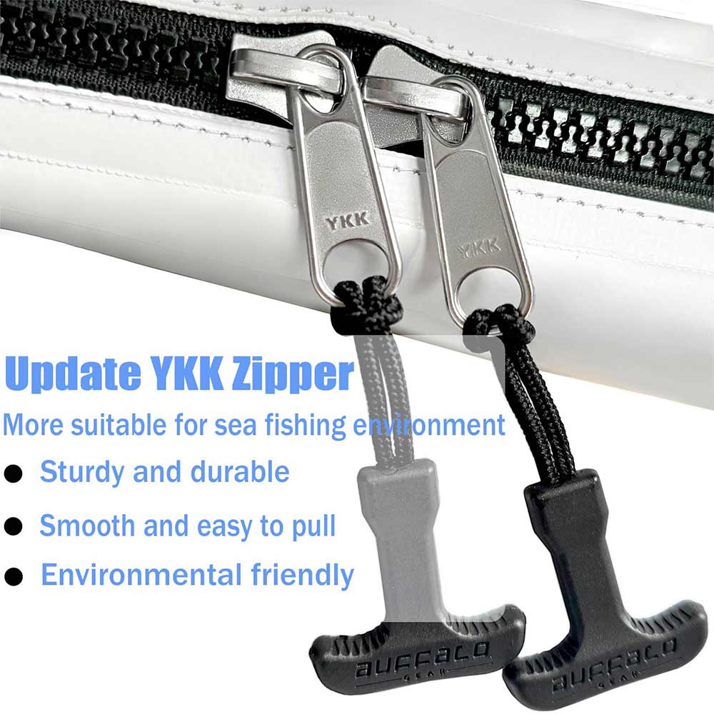 Buffalo Gear Fish Cooler Bag Close-up of YKK zipper with promotional text on a white background
