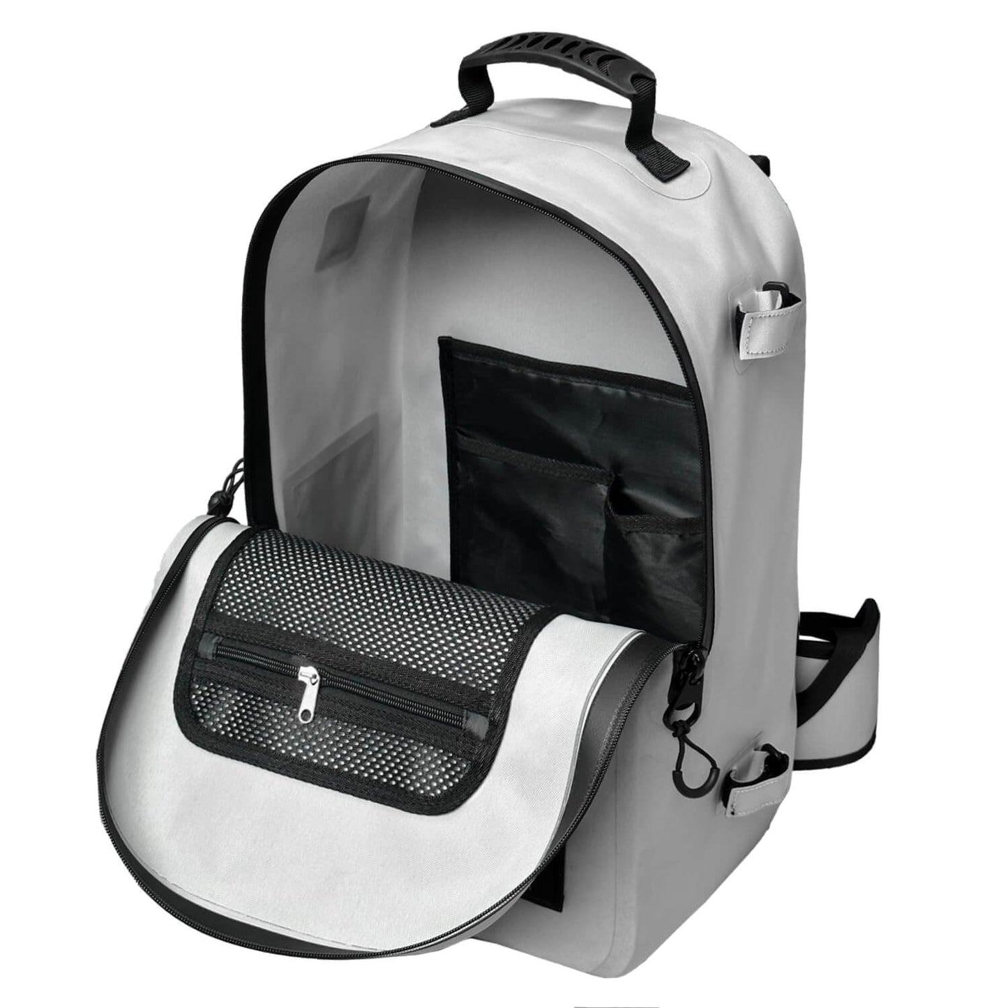 The interior of the Buffalo Gear grey fishing backpack is shown open on a white background