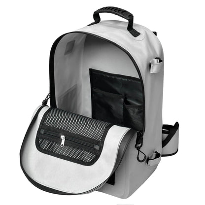 The interior of the Buffalo Gear grey fishing backpack is shown open on a white background