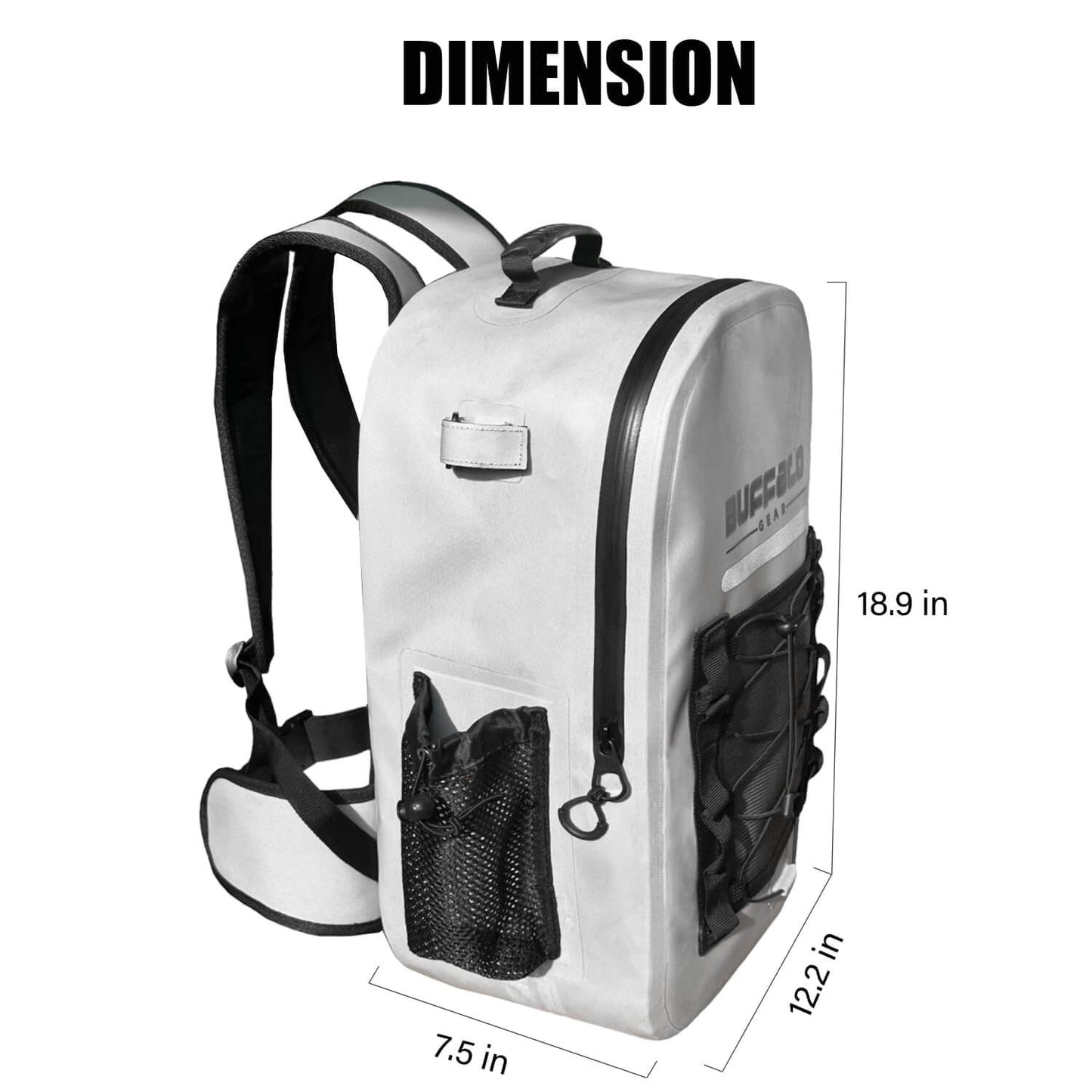 Buffalo Gear Waterproof Fishing Backpack with dimensions labeled on a white background
