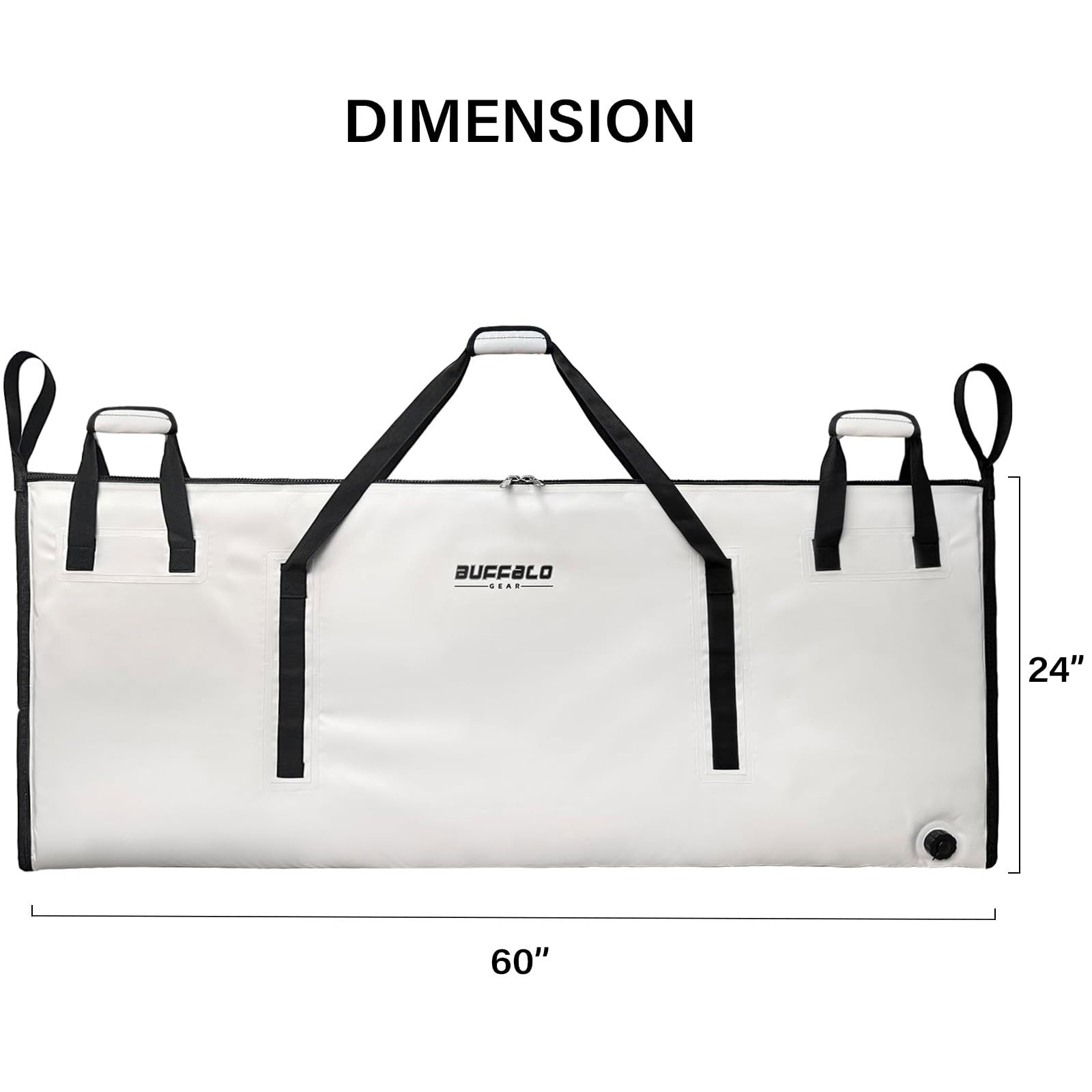 Buffalo Gear fish cooler bag with black handles and dimensions labeled on a white background