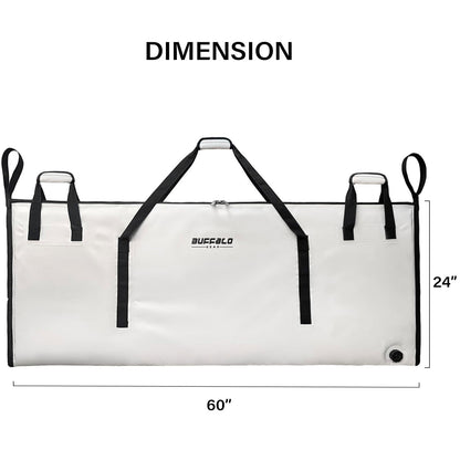 Buffalo Gear fish cooler bag with black handles and dimensions labeled on a white background