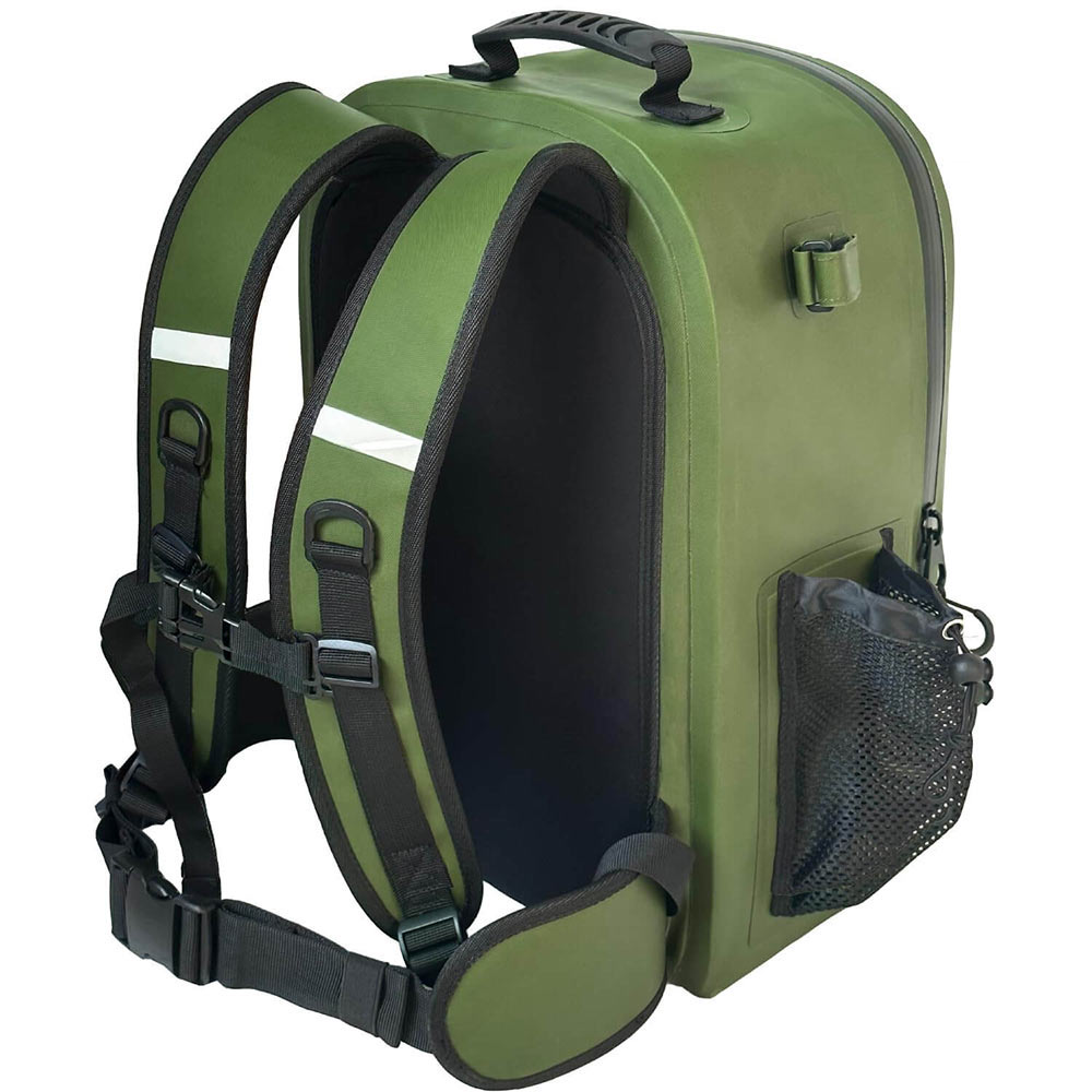 Buffalo Gear waterproof fishing backpack with straps on a white background