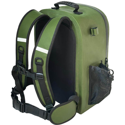 Buffalo Gear waterproof fishing backpack with straps on a white background