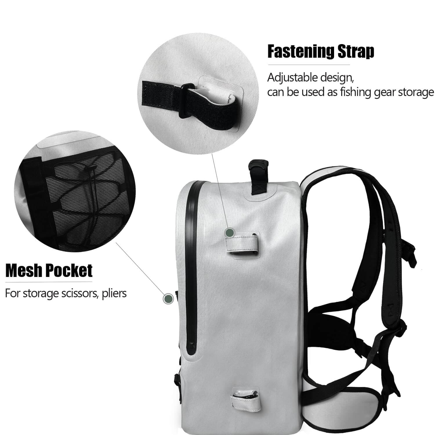 Buffalo Gear Fishing Backpack with mesh pocket and fastening strap on a white background