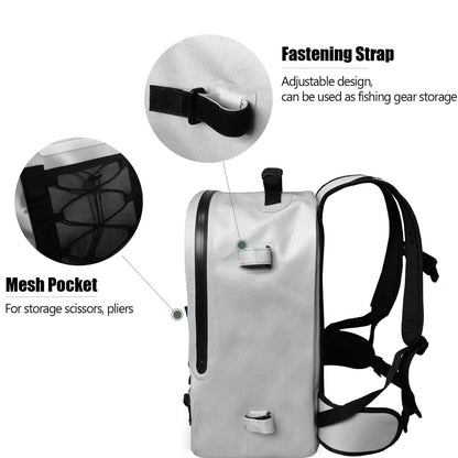 Buffalo Gear Fishing Backpack with mesh pocket and fastening strap on a white background