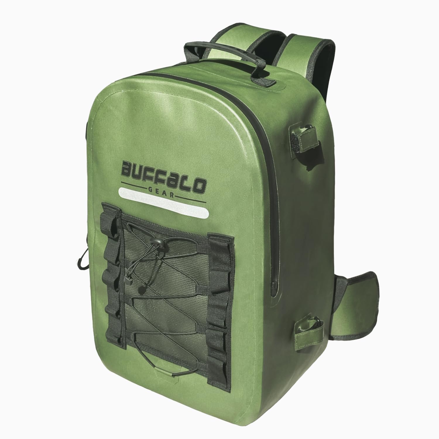Waterproof fishing backpack with black accents and 'Buffalo Gear' branding on a white background