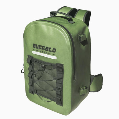 Waterproof fishing backpack with black accents and 'Buffalo Gear' branding on a white background