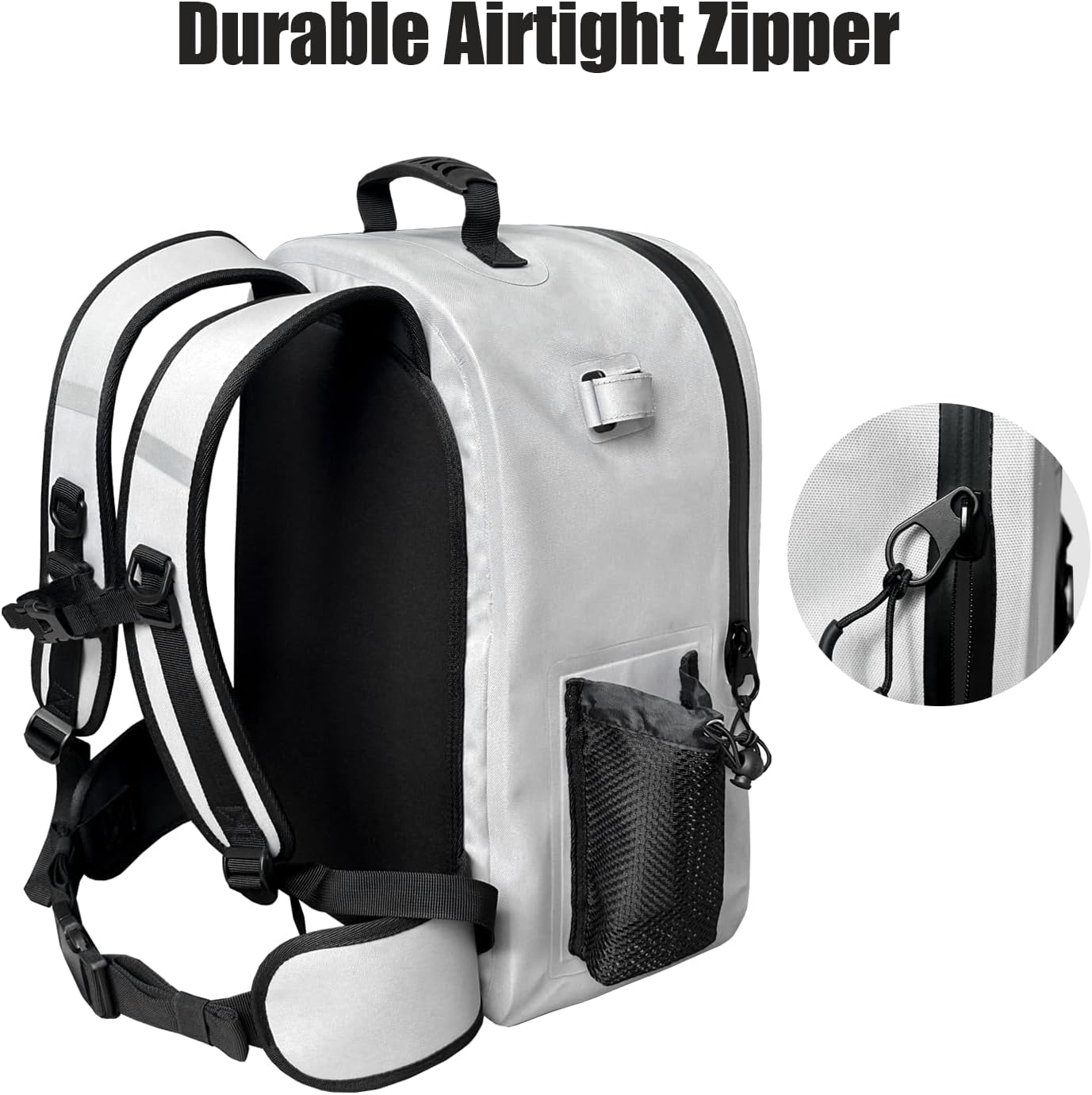 Waterproof zipper feature on Buffalo Gear 26L fish backpack, gray