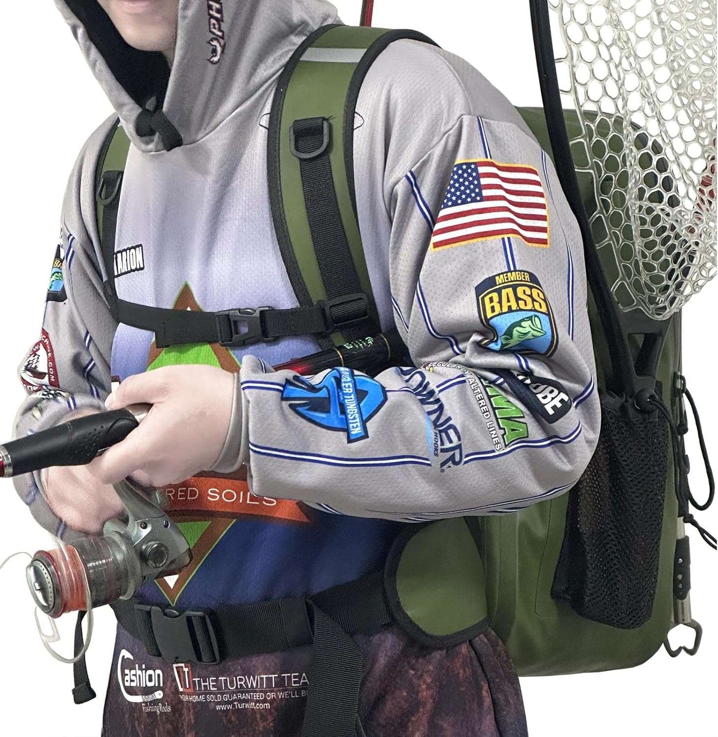 Buffalo Gear 26L green waterproof fish backpack, side angle in outdoor fishing