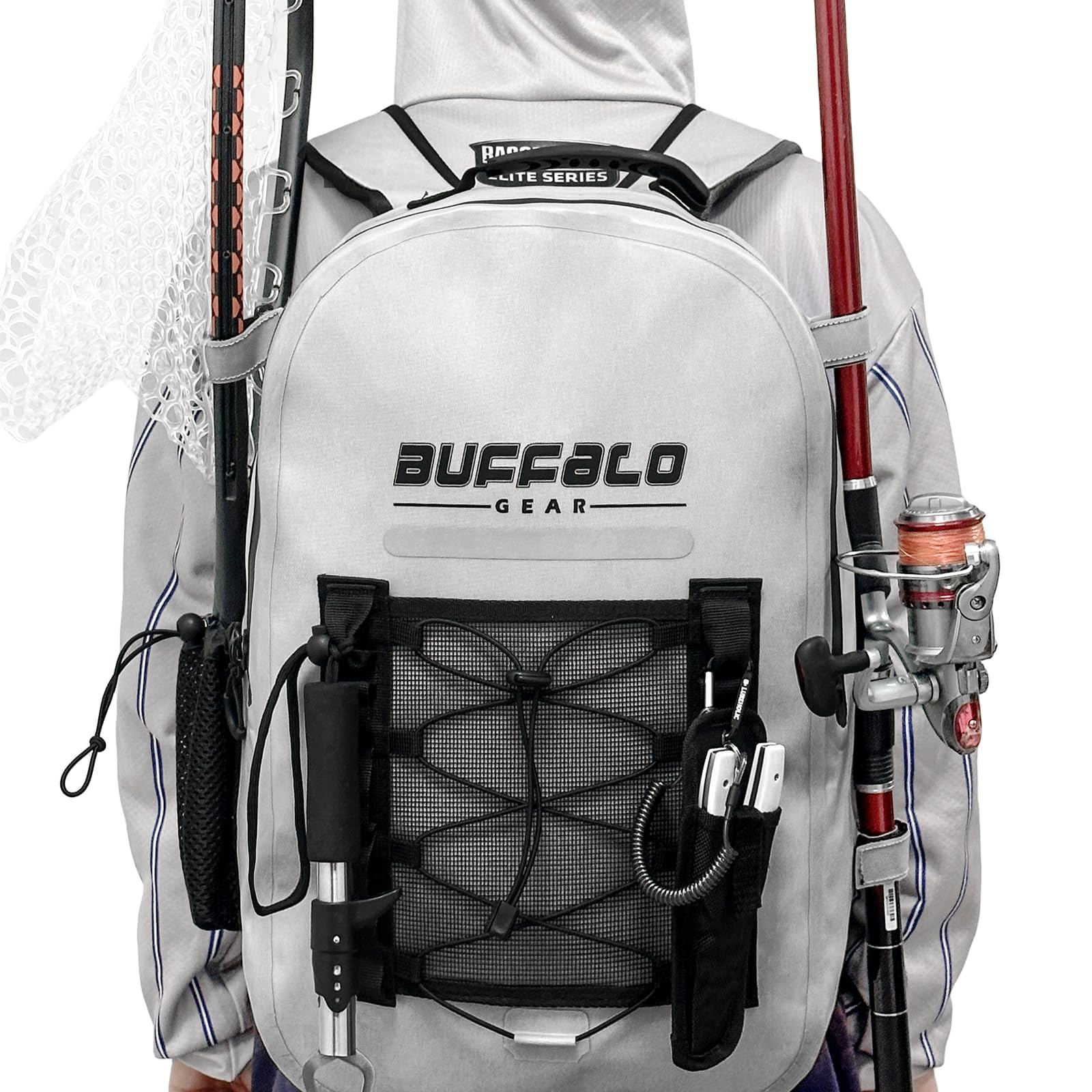 Buffalo Gear Waterproof Fishing Backpack with fishing gear on a white background