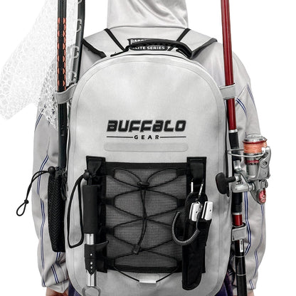 Buffalo Gear Waterproof Fishing Backpack with fishing gear on a white background