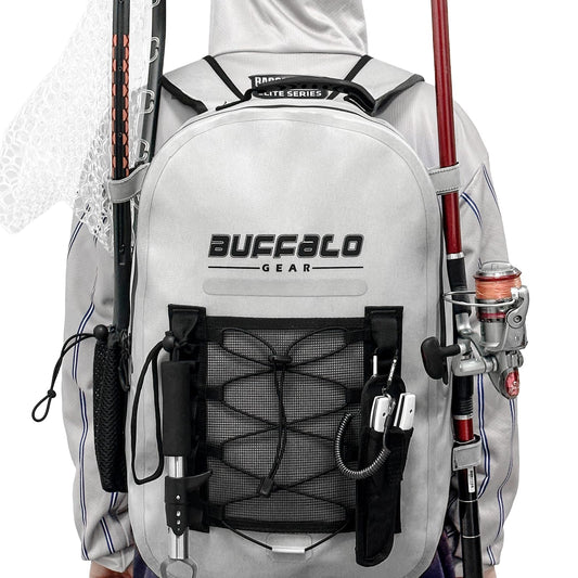 Buffalo Gear Waterproof Fishing Backpack with fishing gear on a white background