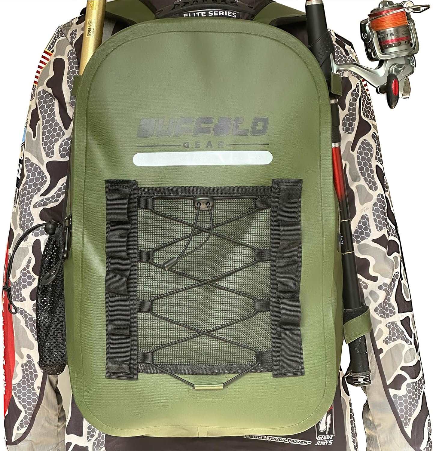 Buffalo Gear 26L waterproof fish backpack in green, front view