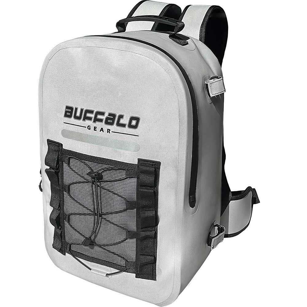 White backpack with black mesh pocket and 'Buffalo Gear' branding on a white background