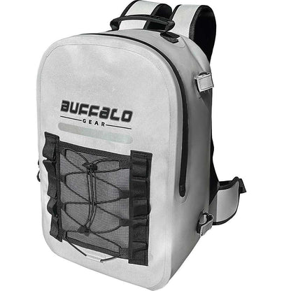 White backpack with black mesh pocket and 'Buffalo Gear' branding on a white background