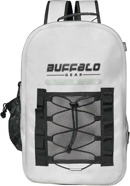 Buffalo Gear 26L waterproof fish backpack, front view on white background