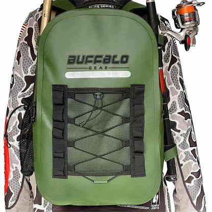 Green fishing backpack with 'Buffalo Gear' branding on a camouflage jacket background