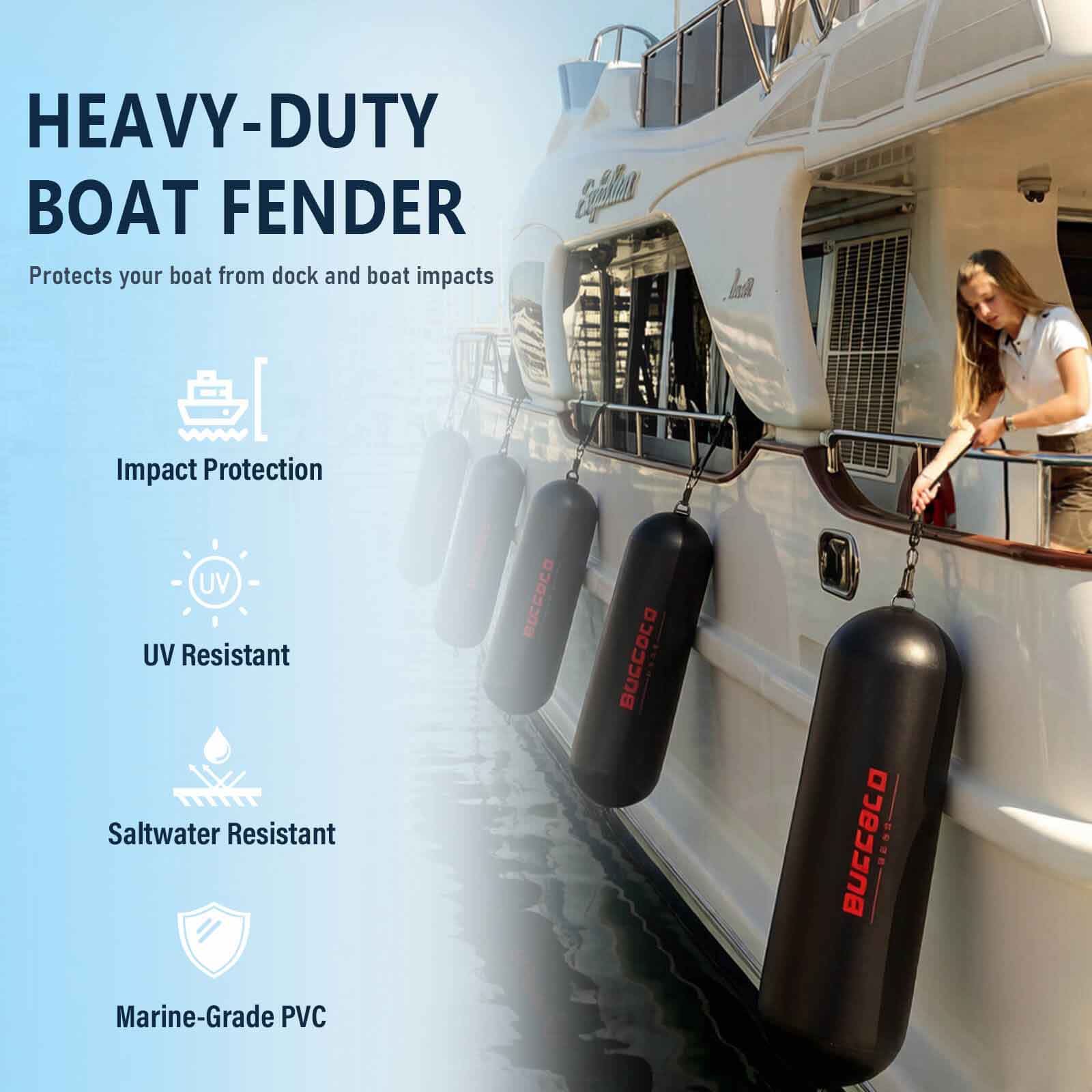 Buffalo Gear heavy-duty marine fenders protect vessels from damage at docks and collisions, and are sun-resistant and corrosion-resistant.