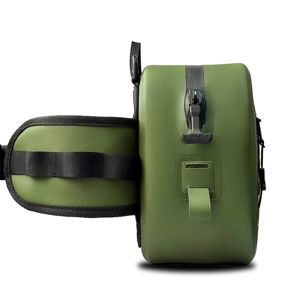 Buffalo Gear Green waist bag with black tool loops on a white background