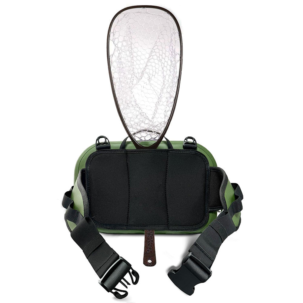 Fishing net with Buffalo Gear green waist bag on a white background