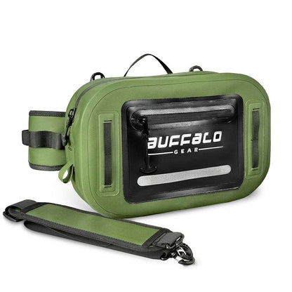 Buffalo Gear Green waist bag with black strap and branding on a white background