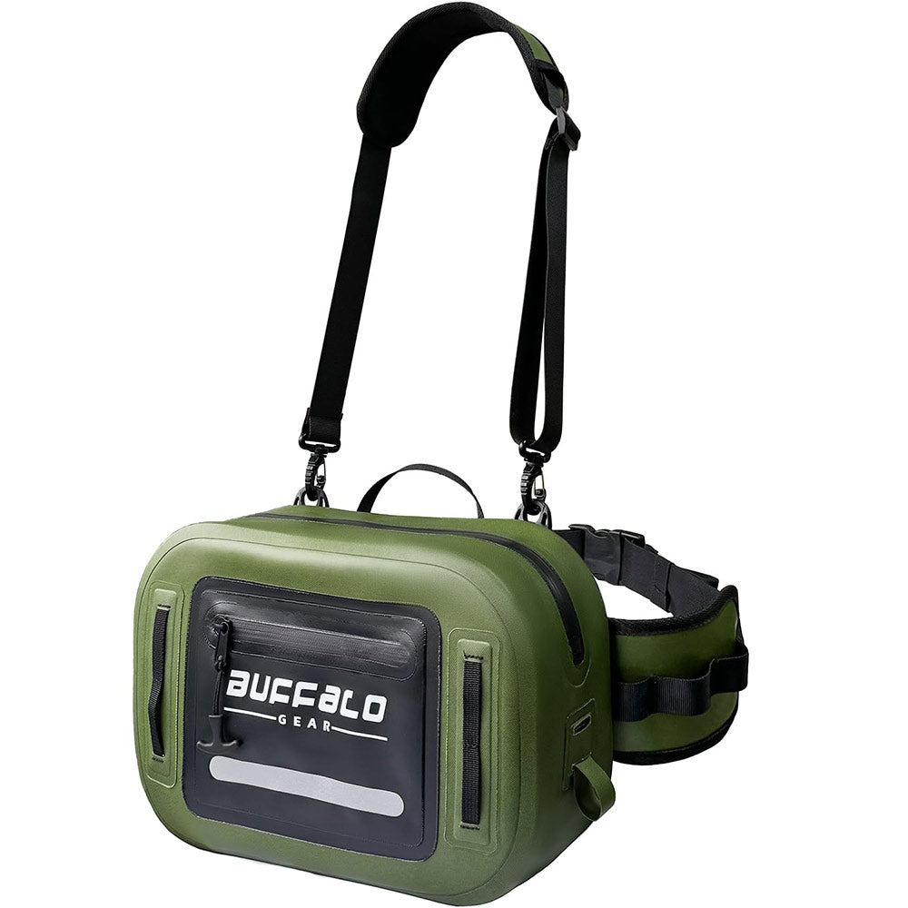 Buffalo Gear green waist bag with black straps on a white background