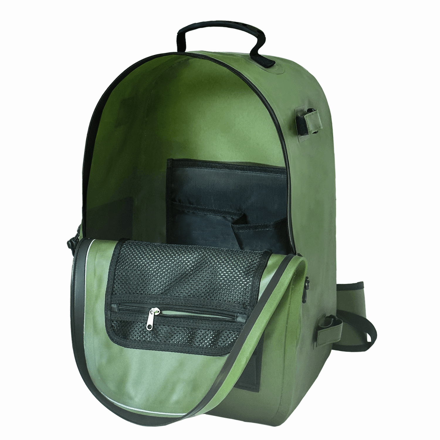 Inside view of Buffalo Gear 26L waterproof fish backpack in green